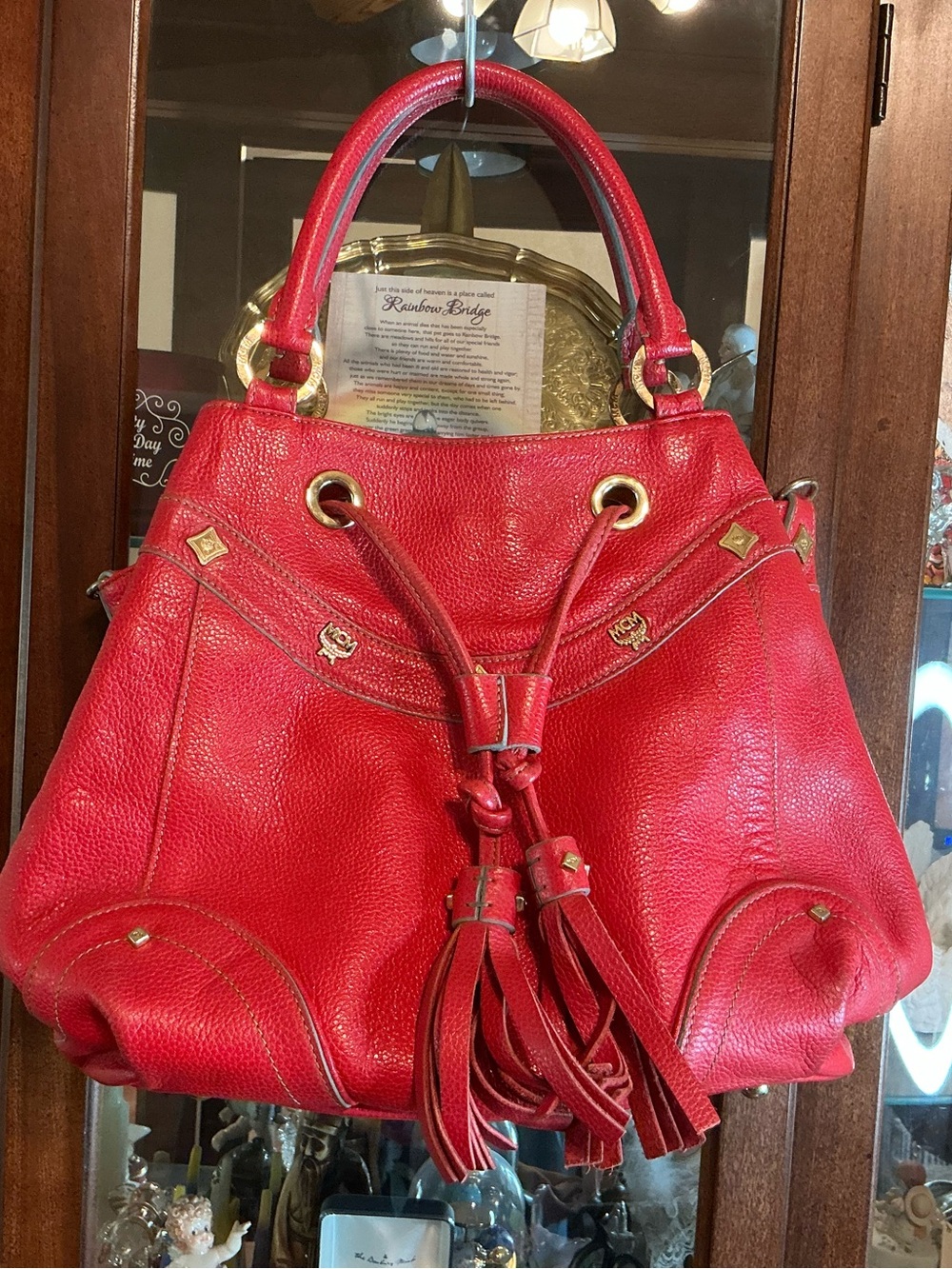 MCM Grained Calfskin Studded Drawstring Bucket Bag